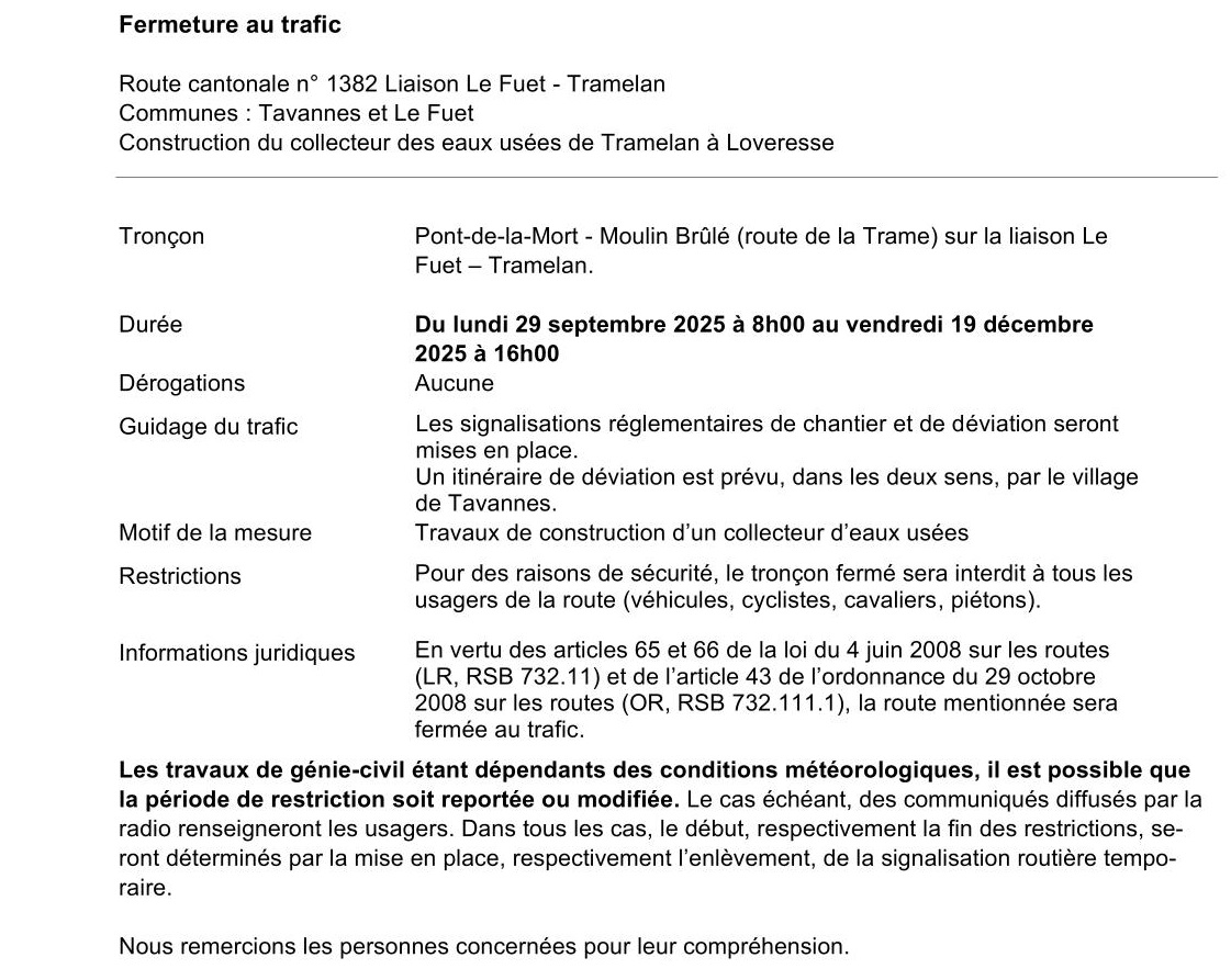 Publication Fermeture Route de la Trame 2